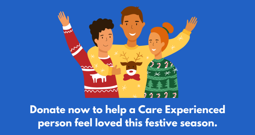 A graphic of people hugging with Christmas jumpers on.